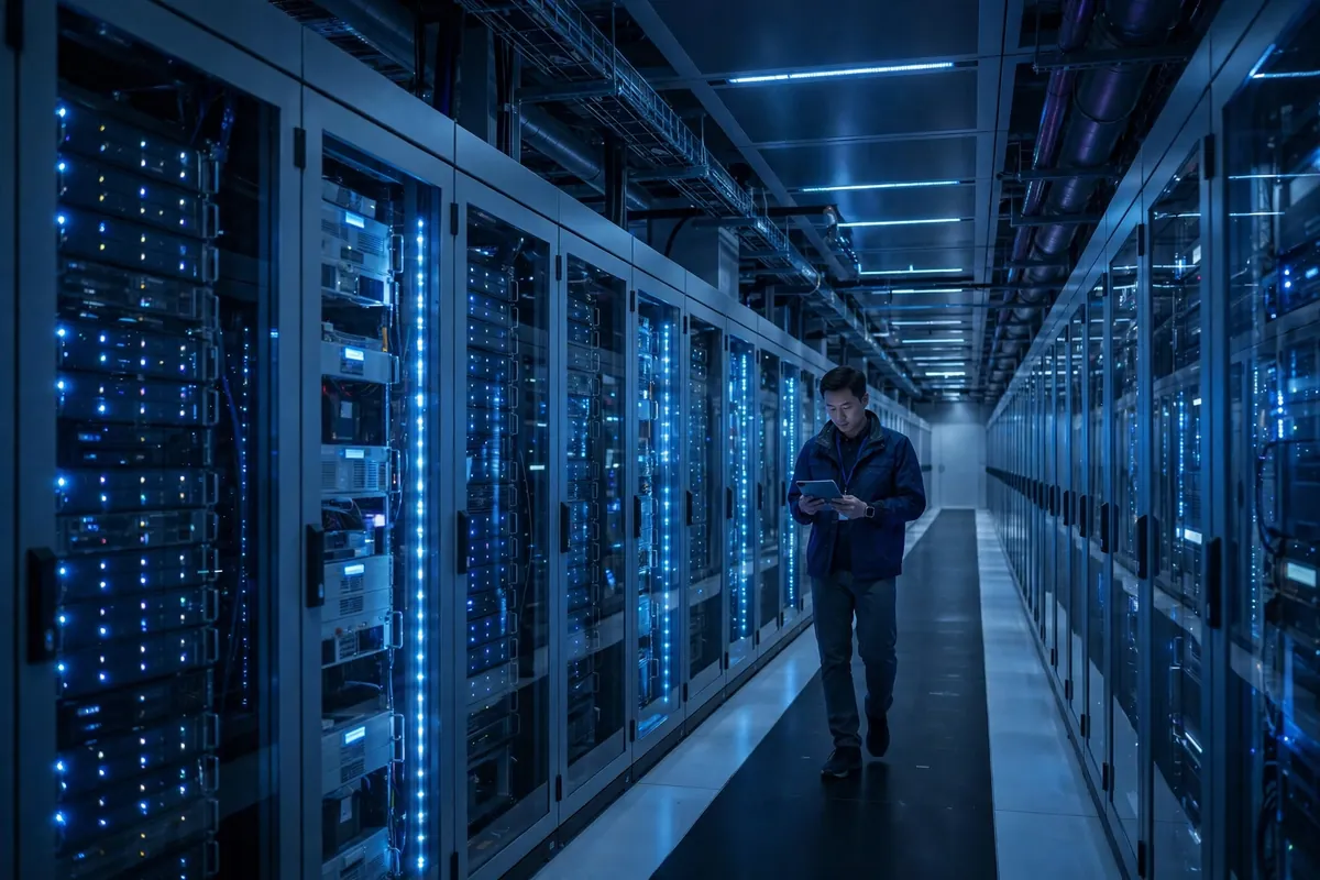 Centro de datos moderno con ingeniero IT — infraestructura y soporte técnico en Barcelona